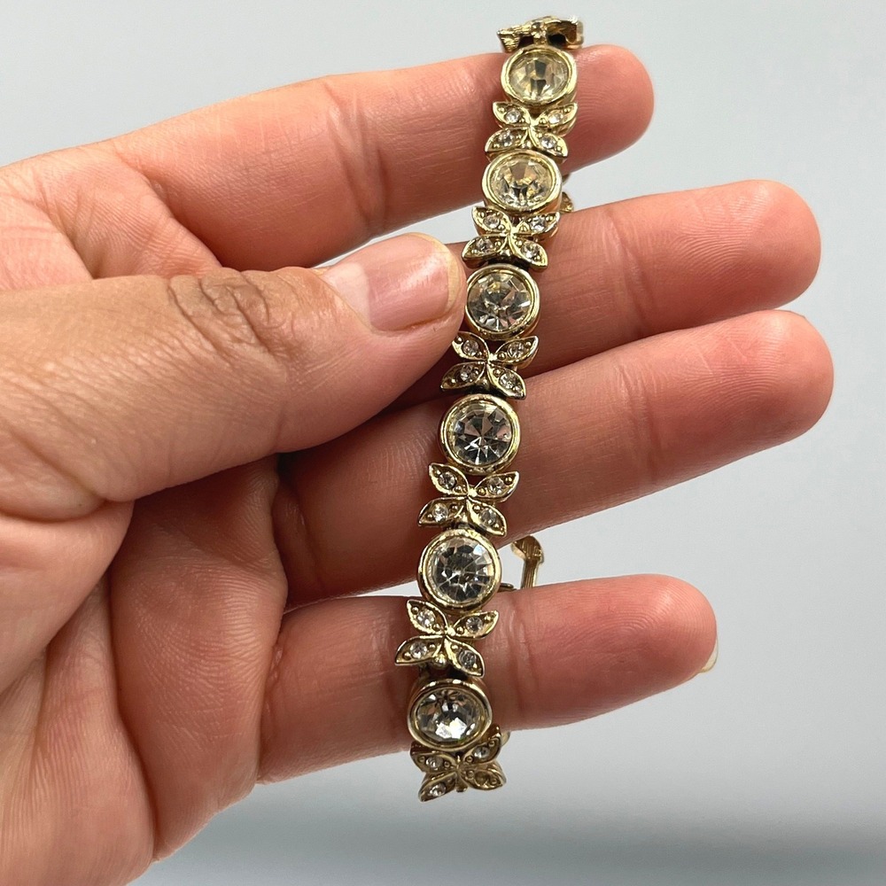 Vintage Gold Tone Rhinestone Butterfly Link Bracelet 7" Clear Crystal Jewelry
